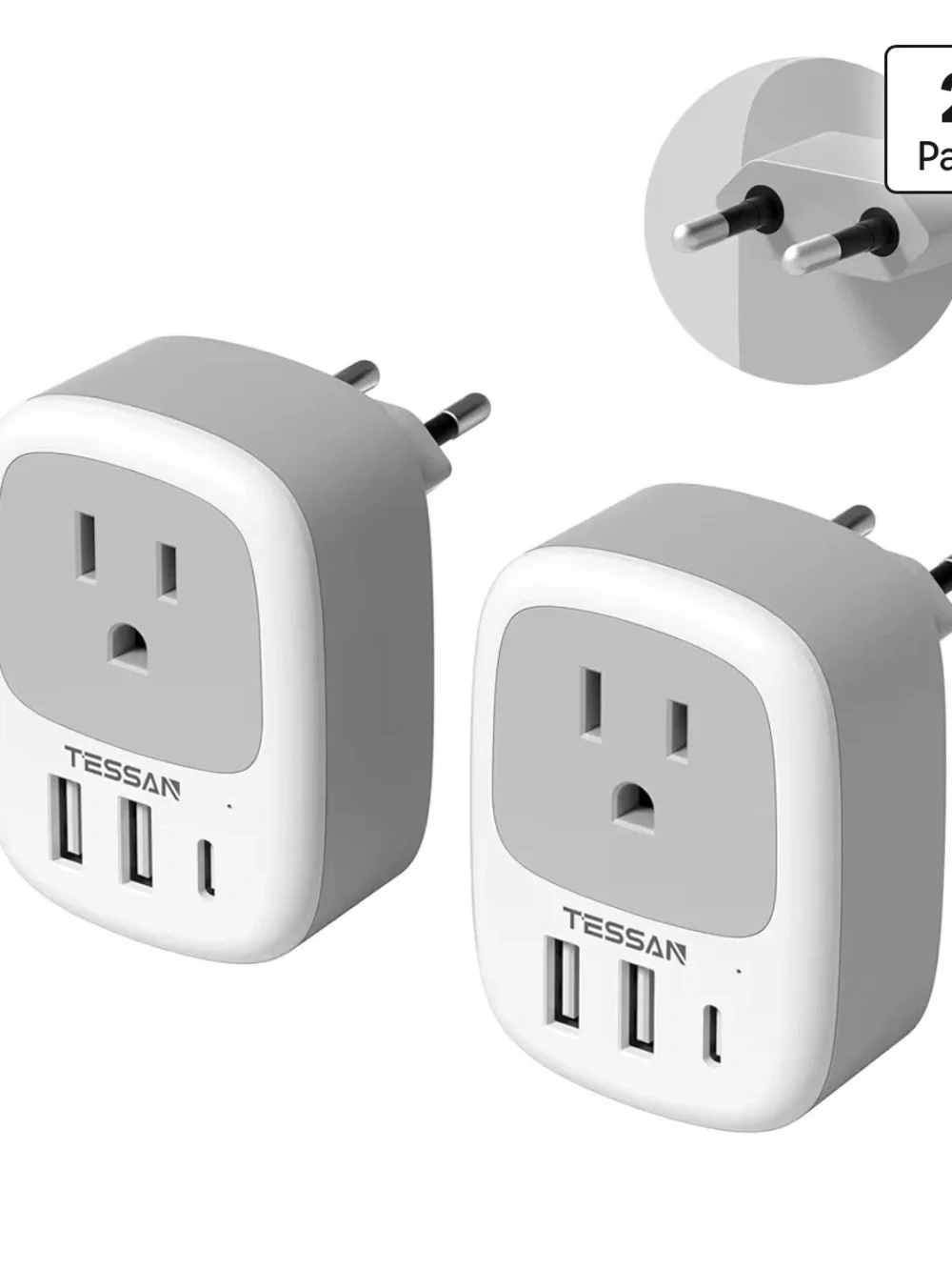 Gray USB European Wall Charger Adapter with Dual USB Ports (2-Pack) C5